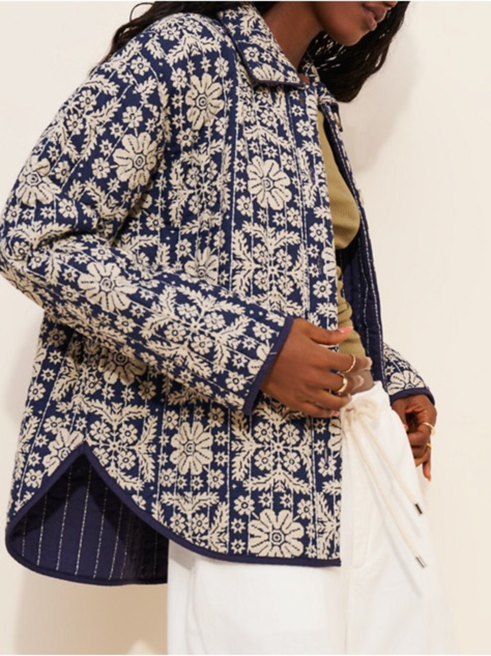 Free People Navy and Cream Floral Quilted Utility Jacket with Contrast Trim